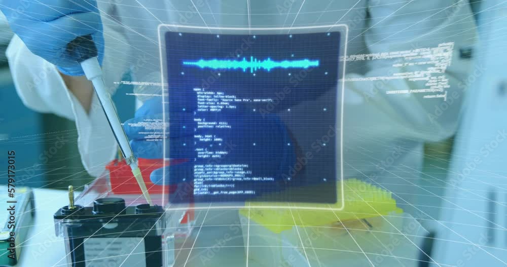 Poster animation of data processing and scope scanning over caucasian scientist taking samples