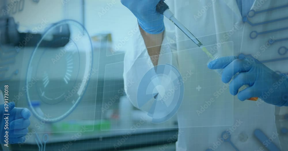 Poster animation of data processing and scope scanning over caucasian scientists taking samples