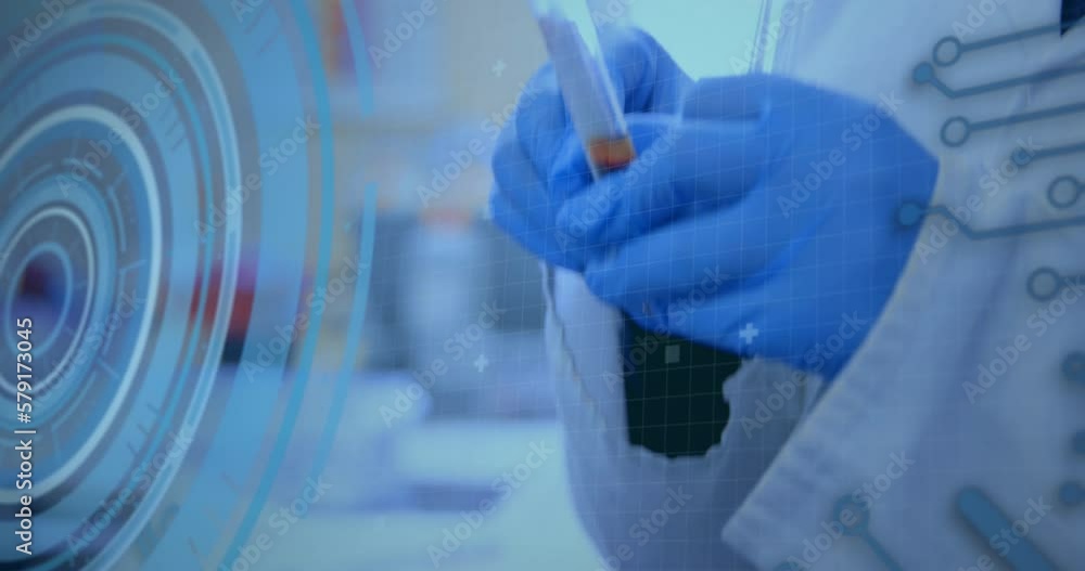 Poster animation of data processing and scope scanning over scientist holding test tube
