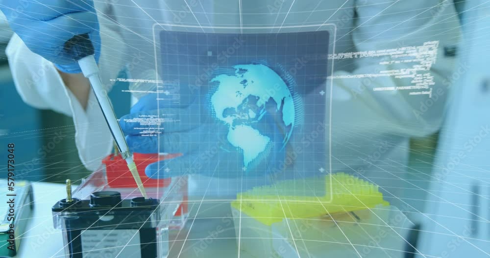Poster animation of data processing and scope scanning over caucasian scientist taking samples