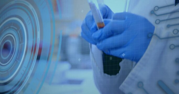 Animation of data processing and scope scanning over scientist holding test tube