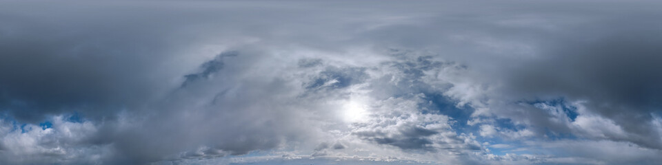 blue sky with cumulus clouds as seamless hdri 360 panorama with zenith in spherical equirectangular projection may use for sky dome replacement in 3d graphics or game development and edit drone shot