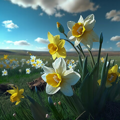 yellow english ,daffodil flowers close up low angle of view with blue sky background, Created using generative AI tools.