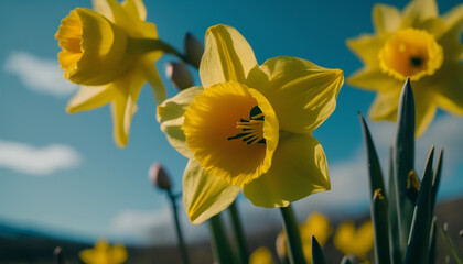 yellow english ,daffodil flowers close up low angle of view with blue sky background, Created using generative AI tools.