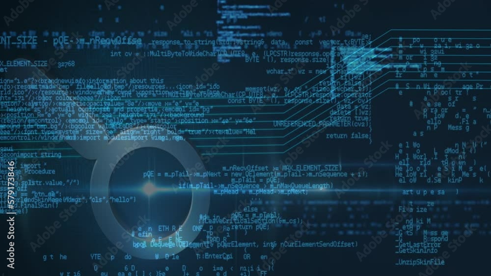 Poster animation of data processing over magnifying glass icon