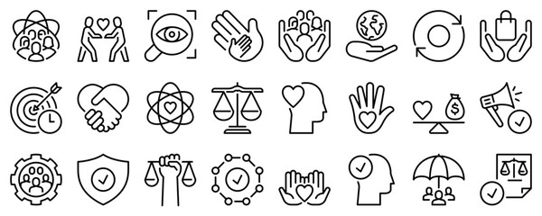 Line icons about social responsibility on transparent background with editable stroke.