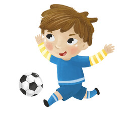 cartoon scene with kid playing running sport ball soccer football - illustration for children