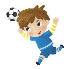 cartoon scene with kid playing running sport ball soccer football - illustration for children