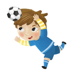 cartoon scene with kid playing running sport ball soccer football - illustration for children