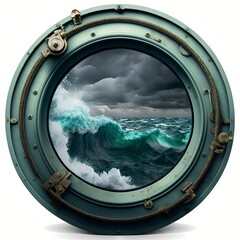 illustration, porthole of a ship view of a stormy sea, ai generative