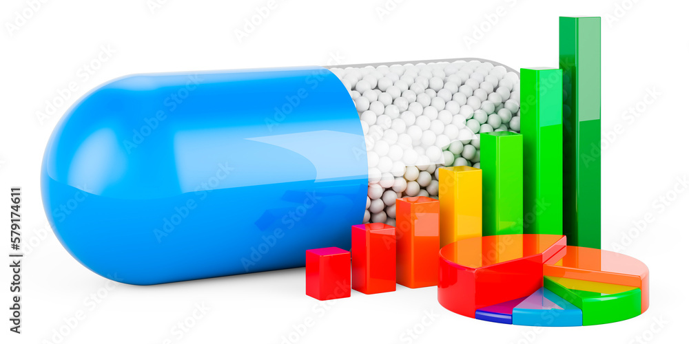 Poster medicament capsule with growth bar graph and pie chart. 3d rendering