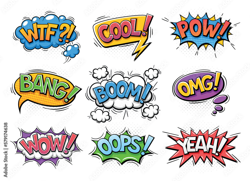 Poster set of comical explosions in pop art style. retro speech bubbles with inscriptions of different soun