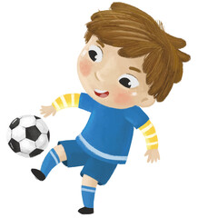 cartoon scene with kid playing running sport ball soccer football - illustration for children