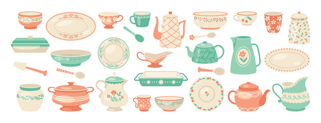 Set of ceramic kitchen utensils. Porcelain tableware or decorative crockery. Bowl, plate, teapot, cup, spoon, jar, vase and mug with floral patterns. Cartoon flat vector collection isolated on white