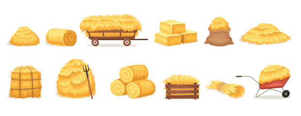 Bales of hay set. Stickers with stacks of dry rolls of hay, hayloft with pitchfork, farm wheelbarrow and cart. Harvesting straw or heaps of wheat. Cartoon flat vector collection isolated on white - obrazy, fototapety, plakaty