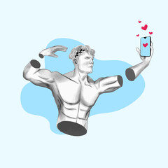 Greco-Roman statue aesthetic. Statue as an social media influencer holding a smartphone and posing for selfie. Greek god flexing