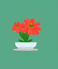 Red flowers in a flower pot on a green background, Flat icon, Generative AI Digital Illustration