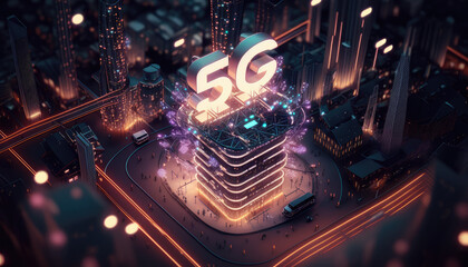 5G (Mobilfunkstandard), stehend für die fünfte Generation des Mobilfunks symbolisch für die Vernetzung über einer Stadt (Generative AI)