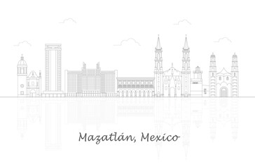 Outline Skyline panorama of city of Mazatlan, Mexico - vector illustration
