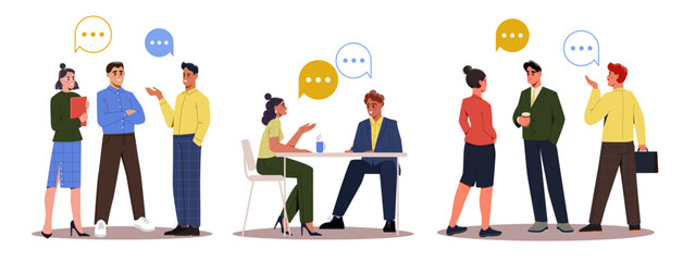 Business meeting or conference. Set of Men and women entrepreneurs in formal clothes communicate and negotiate. Partners discussing project. Cartoon flat vector collection isolated on white background