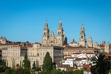 Fototapeta premium Panorama view of Santiago de Compostela as seen form the Parque de la Alameda park, with the towers of the cathedral to be recognized.