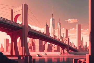 View of Brooklyn Bridge and Manhattan skyline - New York City downtown. Generative AI