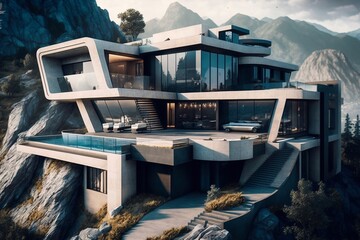 Fototapeta na wymiar Exterior image of a new modern house with large windows. Generative AI