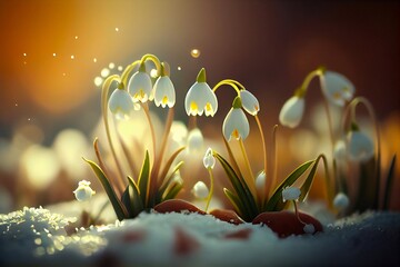Group of snowdrops are growing out of a patch of snow in the middle of a field of snow covered grass and snow. Generative AI