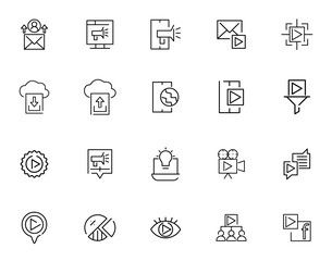 Social Media icon set. Online community, media, website, blog, content, business marketing and social network icons. Solid icon collection. Lines with editable stroke