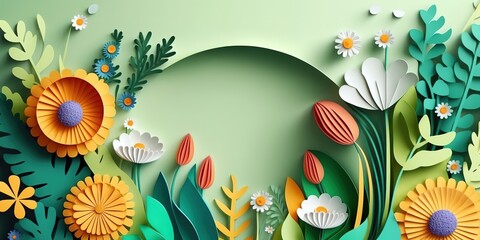 Fototapeta na wymiar Colorful papercut floral ornamental poster with copy space. Generative AI illustration