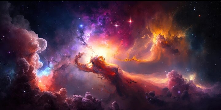 Fototapeta Colorful nebula galaxy starry universe background. Generative AI illustration