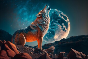Lone wolf howling at night. Generative AI