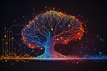 Tree representing network big data science illustration over dark background. Generative AI illustration