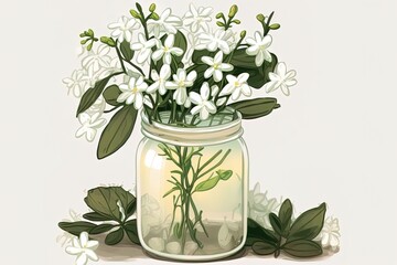 On a white glass tabletop, a jar of water holds a few jasmine stems. Generative AI