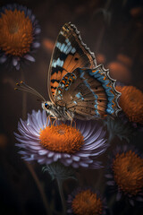 a blue butterfly sitting on top of purple flowers next to purple flowers