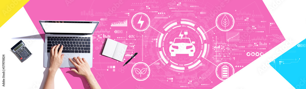 Poster ev concept with person using a laptop computer