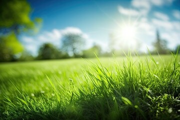 Naklejka na ściany i meble Beautiful Green Spring/Summer Meadow Background with Green Grass and Blue Sky (Generative AI)