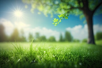 Fototapeta na wymiar Beautiful Green Spring/Summer Meadow Background with Green Grass and Blue Sky (Generative AI)
