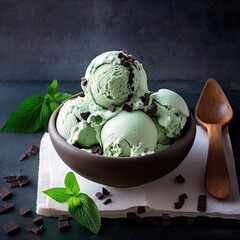 Bowl of Mint Chocolate Chip Ice Cream, generative ai