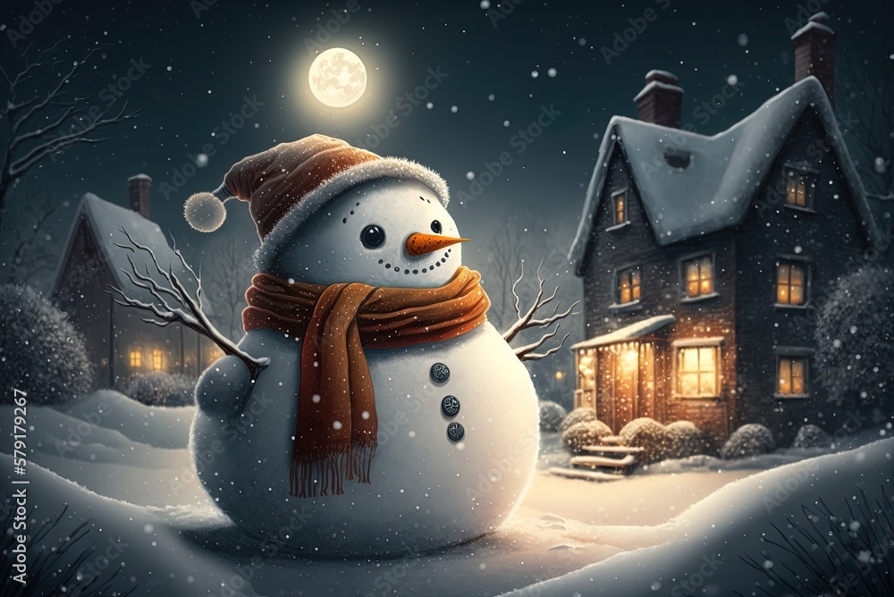Poster a snowman built on a snowy evening generative ai