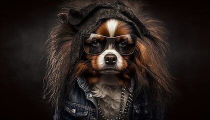 Naklejka premium Rock animals. rock dog. Dog dressed in rock clothes, rock accessories. Musician dog. Generated by AI. 