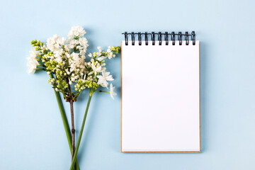 Notebook with clean page with spring white lilac flowers on blue background. Flat lay style.