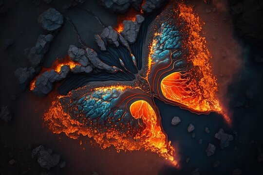 Aerial View Of A Lava Flow In The Shape Of A Butterfly, Concept Of Geological Formation And Natural Art, Created With Generative AI Technology