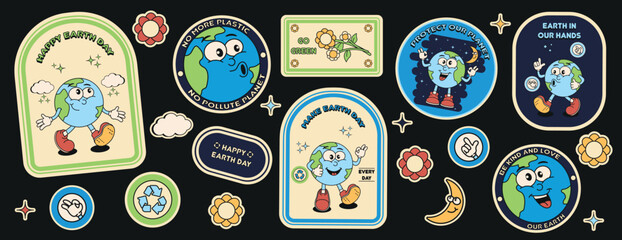 Retro 70s, 80s stickers, Cartoon planet with environmental protection slogans, flowers, moon, hand, vector set. Positive symbols or icons. © Olgadesigner