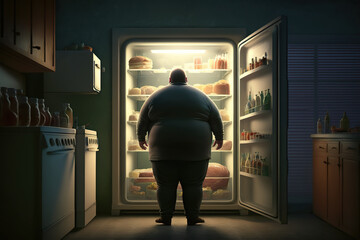A very fat man looks into an opened fridge, concept of Obesity and Curiosity, created with Generative AI technology - obrazy, fototapety, plakaty