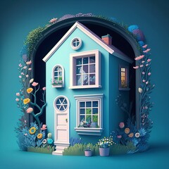 cartoon illustration, a contemporary blue home, generative ai