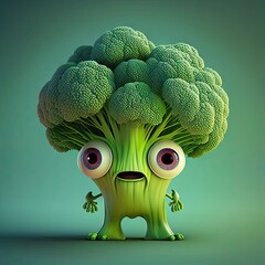 Cute Broccoli Character with Big Eyes, generative ai