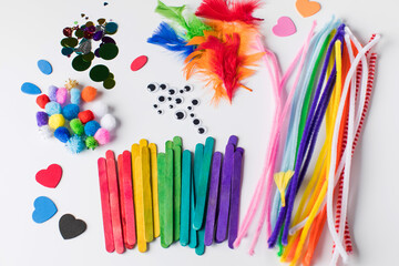 A set of various and colorful materials for children's crafts. Children's craft, artistic...