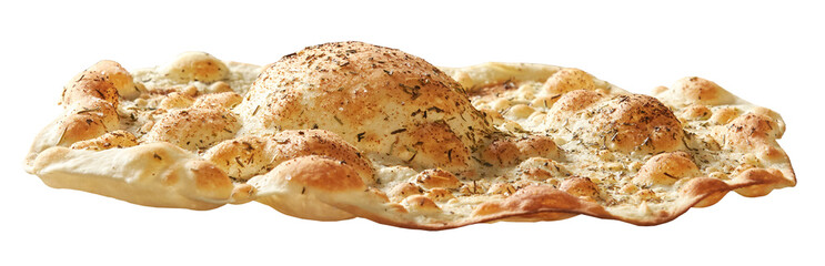 Homemade bread. Thin flatbread with herbs. Homemade pastry, thin focaccia. Isolated