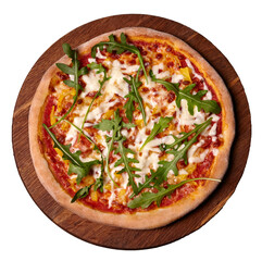 Delicious traditional Italian Margarita pizza with cheese, tomato sauce and herbs on a wooden board. Top view. Isolated